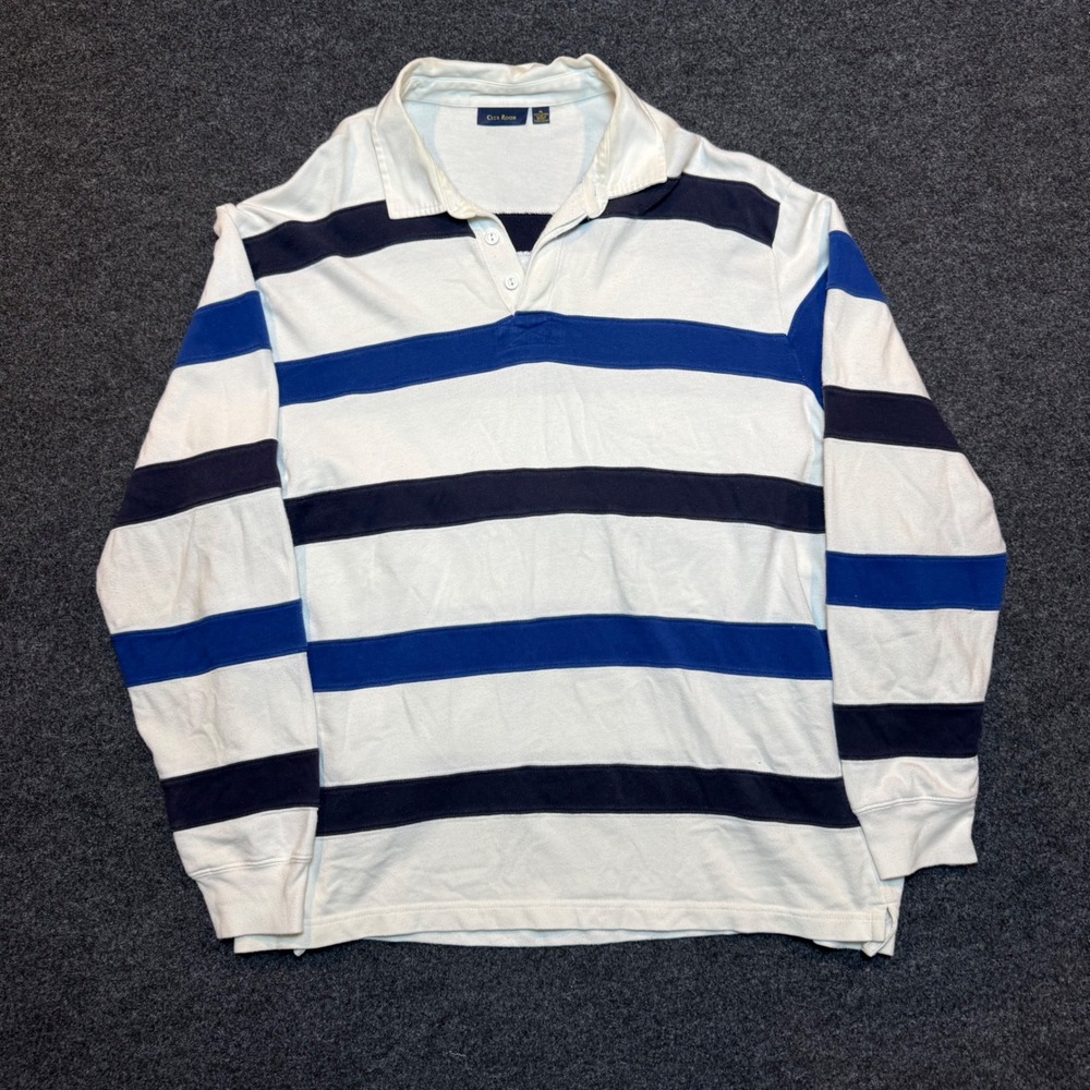 Club Room Mens XL Rugby Shirt Long Sleeve Striped Cotton Polo White Blue Navy